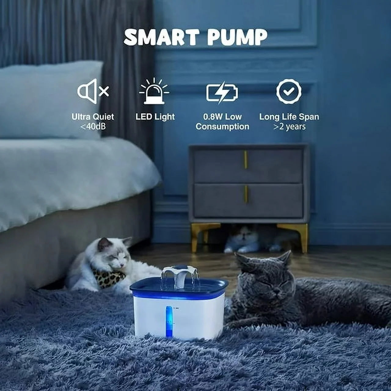 Smart pump for pets with cats around in a bedroom setting