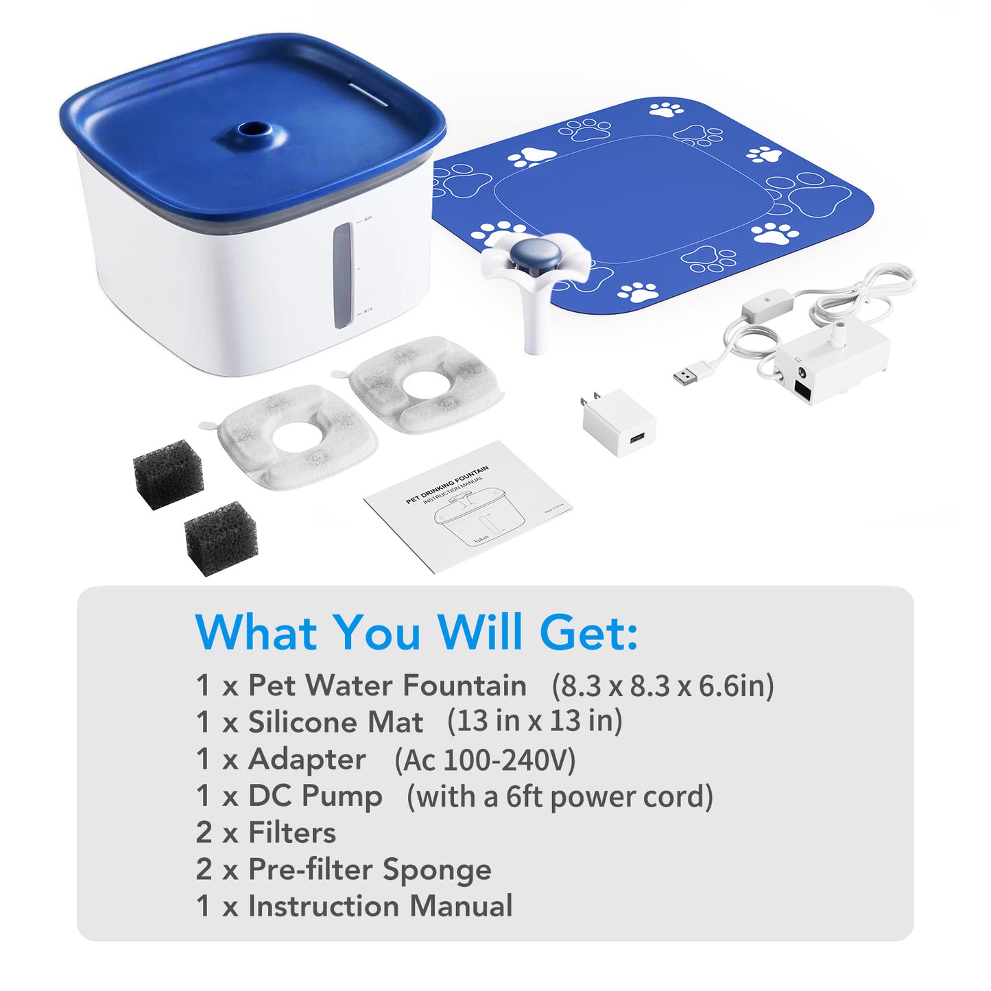 Pet water fountain set with accessories on a white background