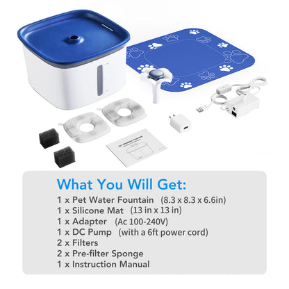 Pet water fountain set with accessories on a white background