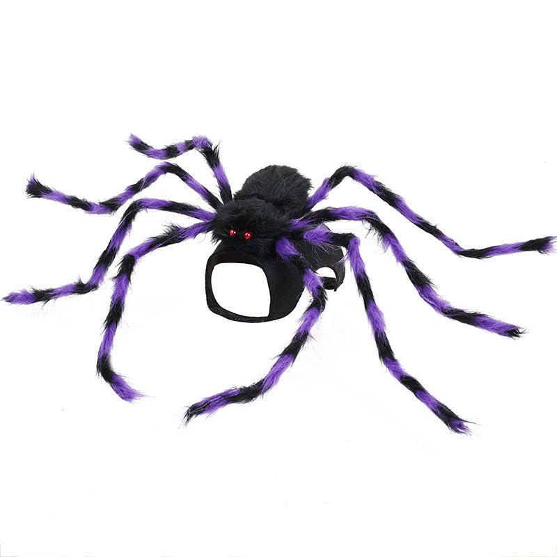 Halloween spider decoration with purple and black legs on a white background