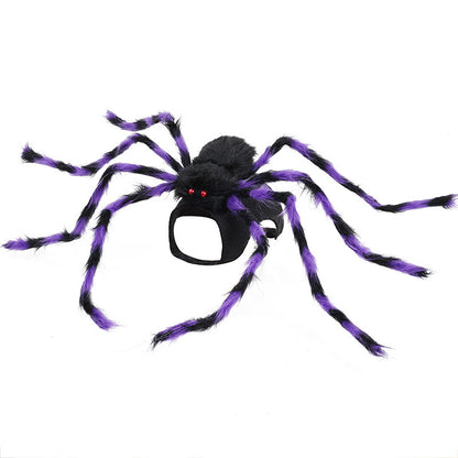 Halloween spider decoration with purple and black legs on a white background