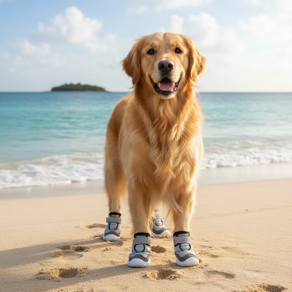 Dog standing on a beach wearing protective dog boots with ocean and sky in the background