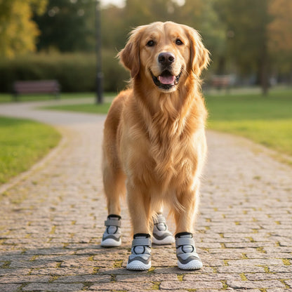 Dog wearing protective dog boots standing on a paved path in a park.
