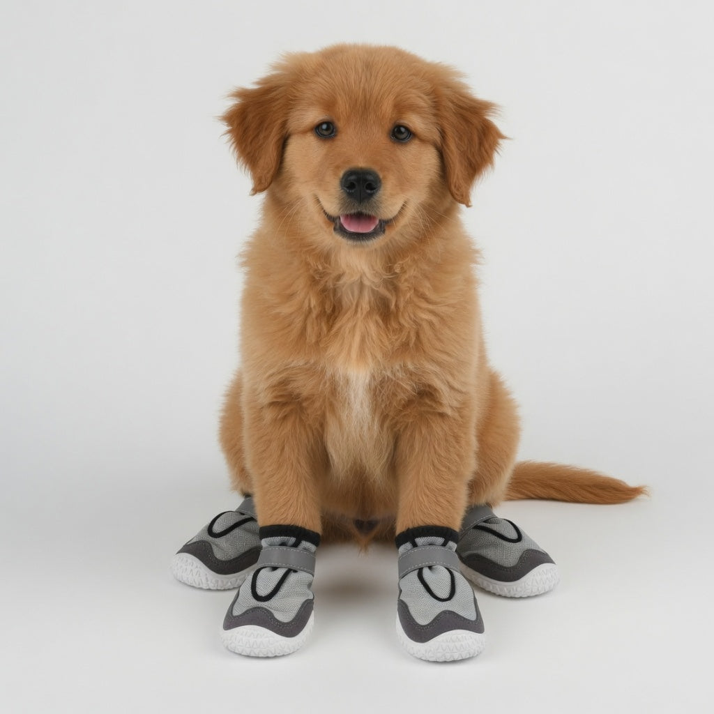Dog wearing gray and white dog boots on a white background