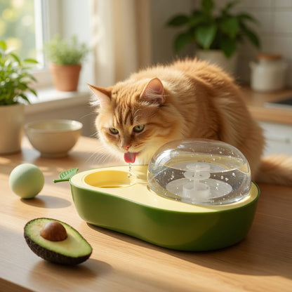 Cat drinking water from the cute avocado water fountain 