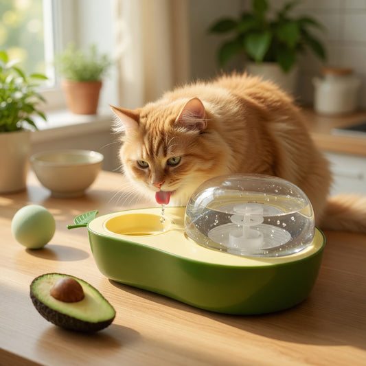 Cat drinking water from the cute avocado water fountain 