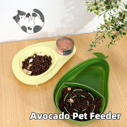 Avocado-shaped Cat Feeder Bowl with pet food on a wooden surface, featuring a cat icon in the corner.