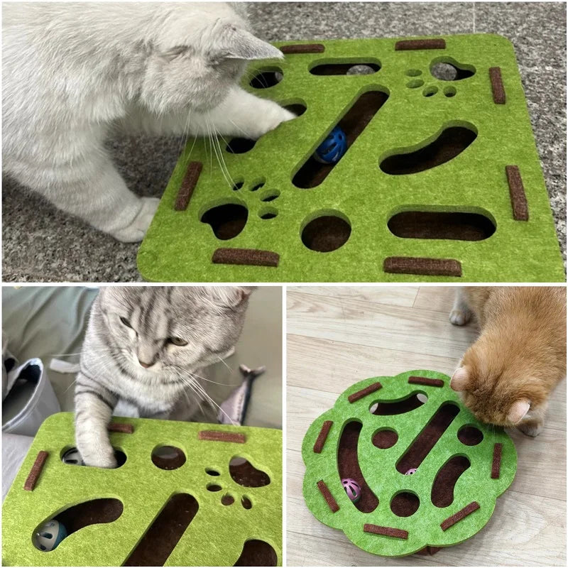 Collage of cats interacting with a green catnip toy