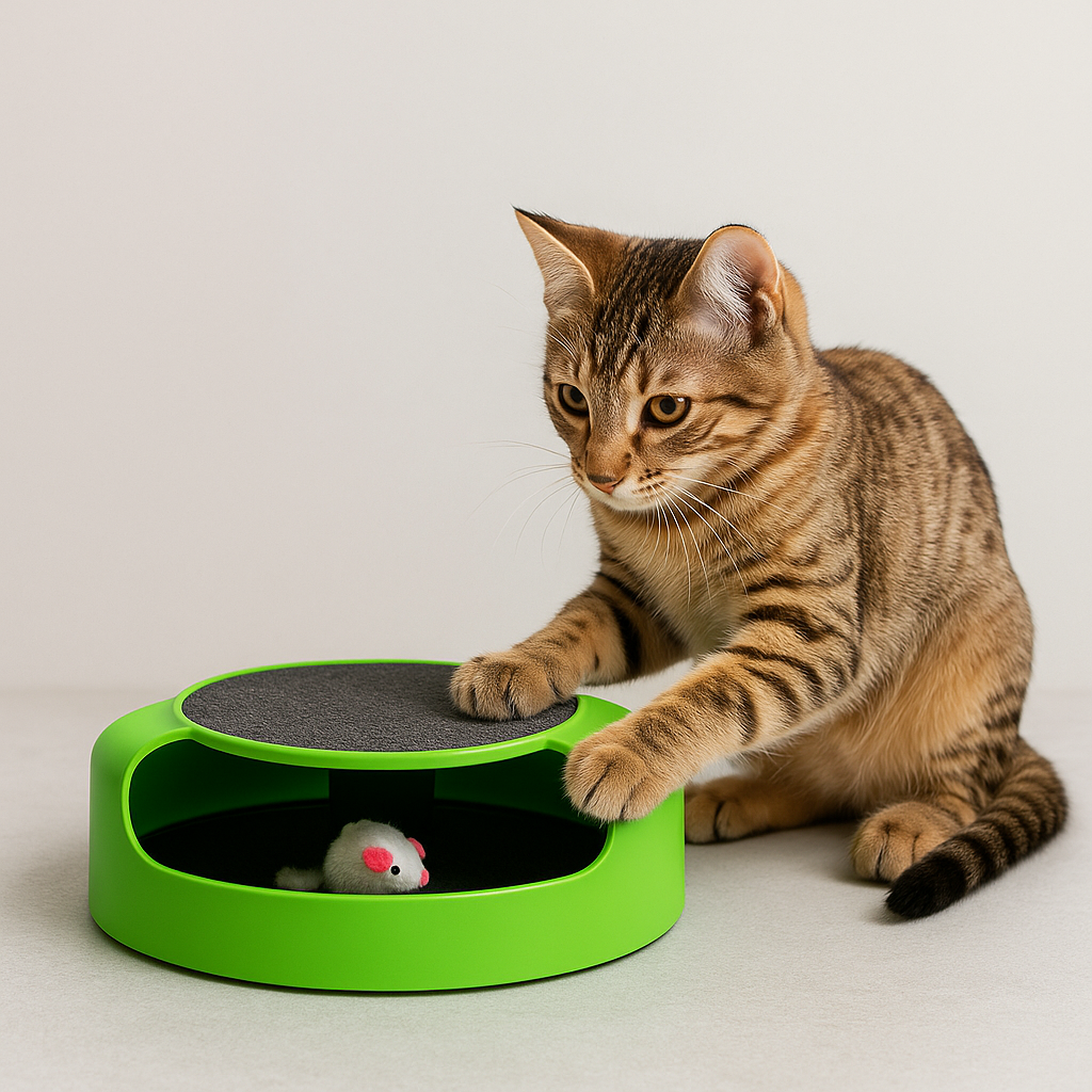 Cat playing with a green Cat Scratch Board Toy mouse on a light gray background