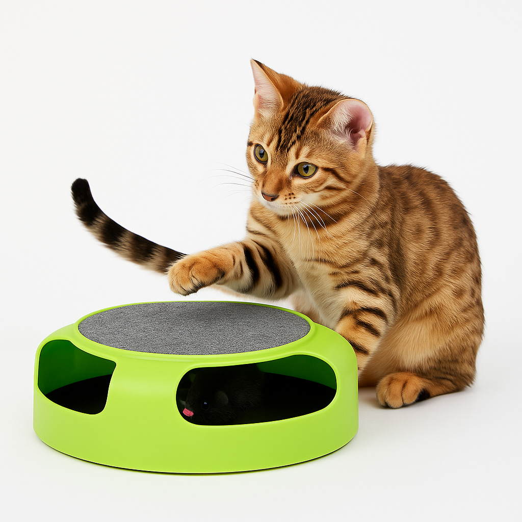 Tabby kitten playing with a green and gray Cat Scratch Board Toy on a white background