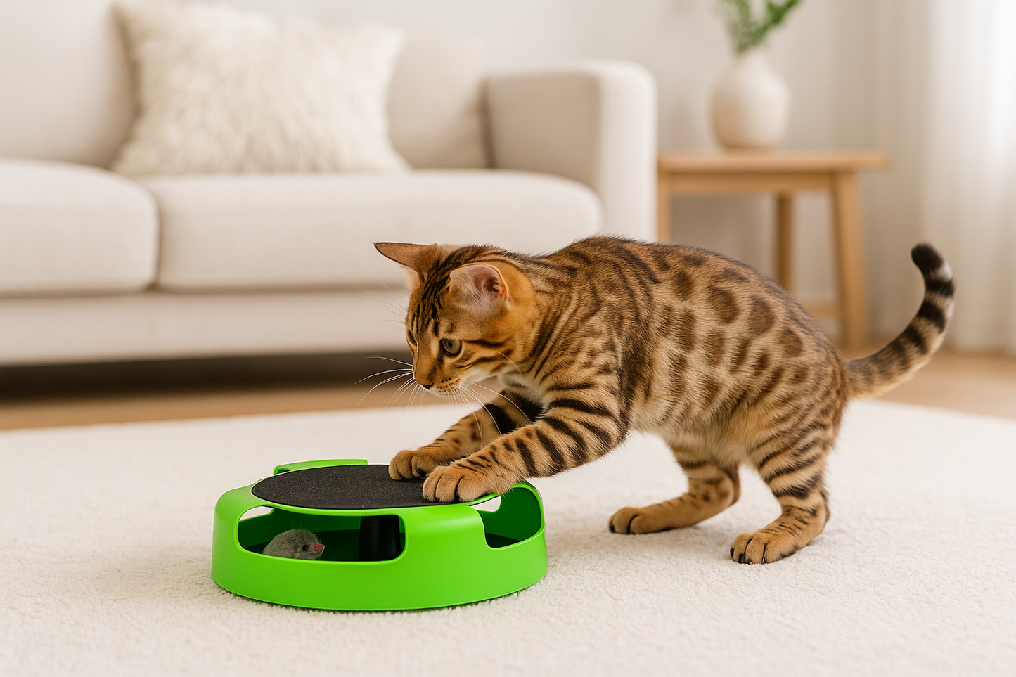Cat playing with a green Cat Scratch Board Toy on a white carpet