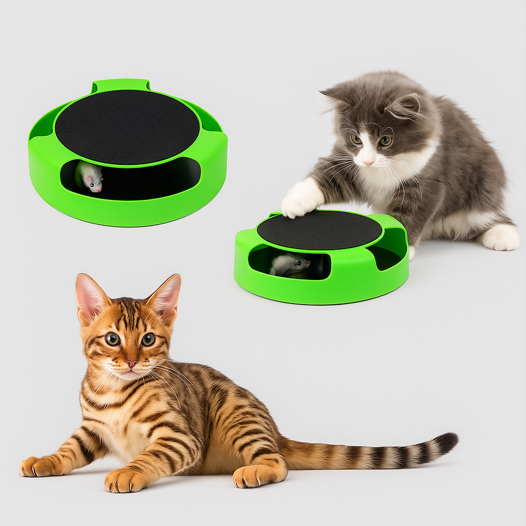 Two green Cat Scratch Board Toy with black pads, one being interacted with by a gray and white cat, the other by a brown tabby cat on a light gray background.