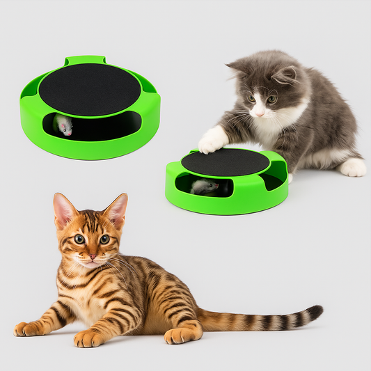 Two green Cat Scratch Board Toy with black pads, one being interacted with by a gray and white cat, the other by a brown tabby cat on a light gray background.