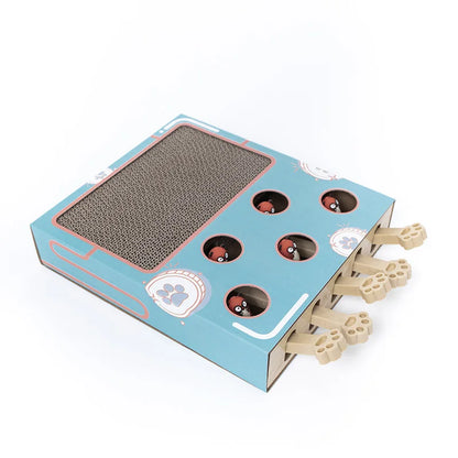 Cat toy with scratching pad and tunnels on a white background