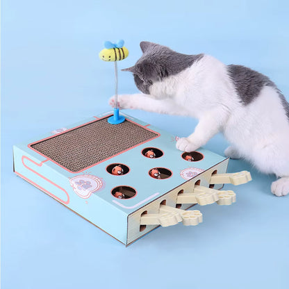 Cat playing with a interactive cat toy on a blue background
