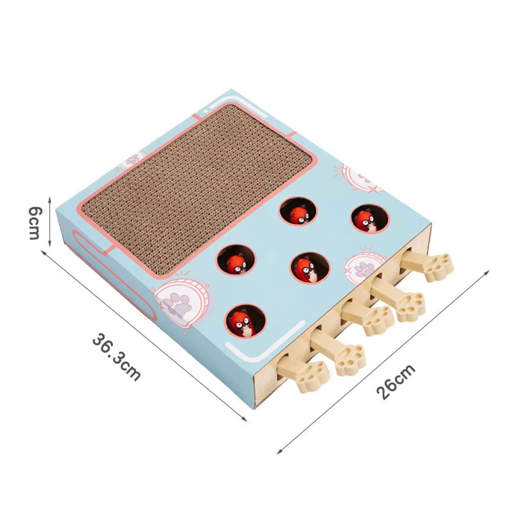 Cat toy with scratching pad and tunnels, showing dimensions on a white background