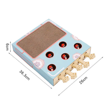 Cat toy with scratching pad and tunnels, showing dimensions on a white background