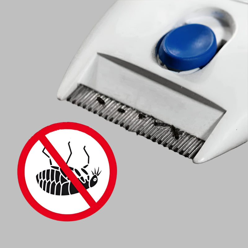 Close-up showing Flea Doctor Electric Flea Comb in action, eliminating fleas from pet fur without chemicals