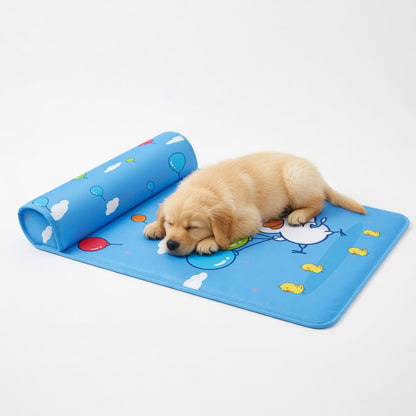 A dog resting in the Cooling dog mat with pillow happy pets, blue in a white background