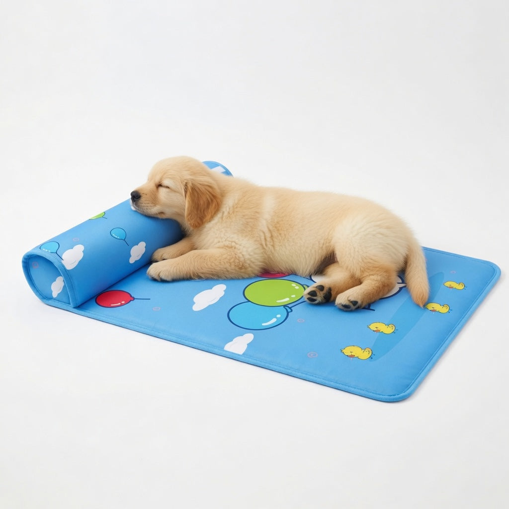 Cooling dog mat with pillow happy pets, blue in a white background