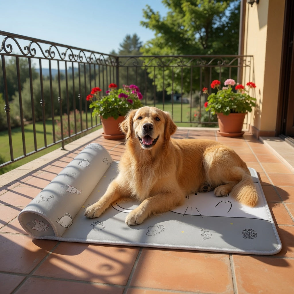A dog resting in the Cooling dog mat with pillow happy pets, gray in a lifestyle background