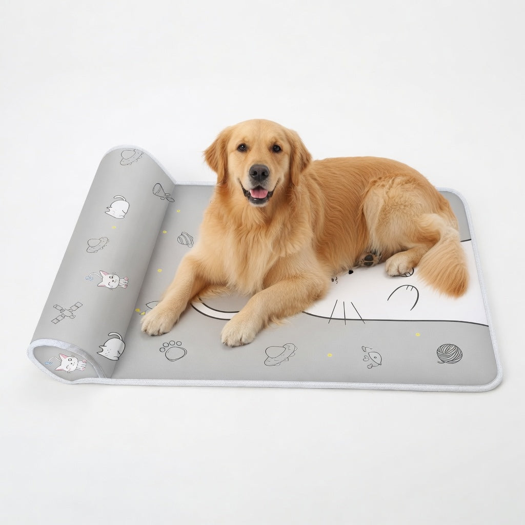 A golden retriever dog resting in the Cooling dog mat with pillow happy pets, gray in a white background