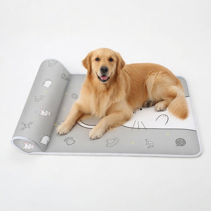 A golden retriever dog resting in the Cooling dog mat with pillow happy pets, gray in a white background