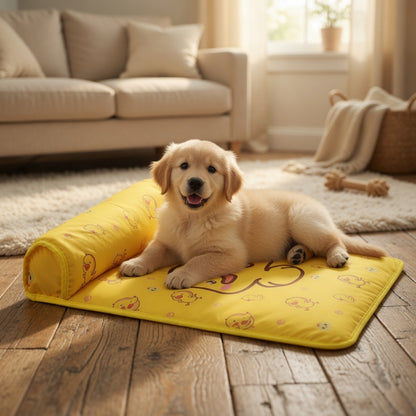 A dog resting in the Cooling dog mat with pillow happy pets, yellow in a lifestyle background
