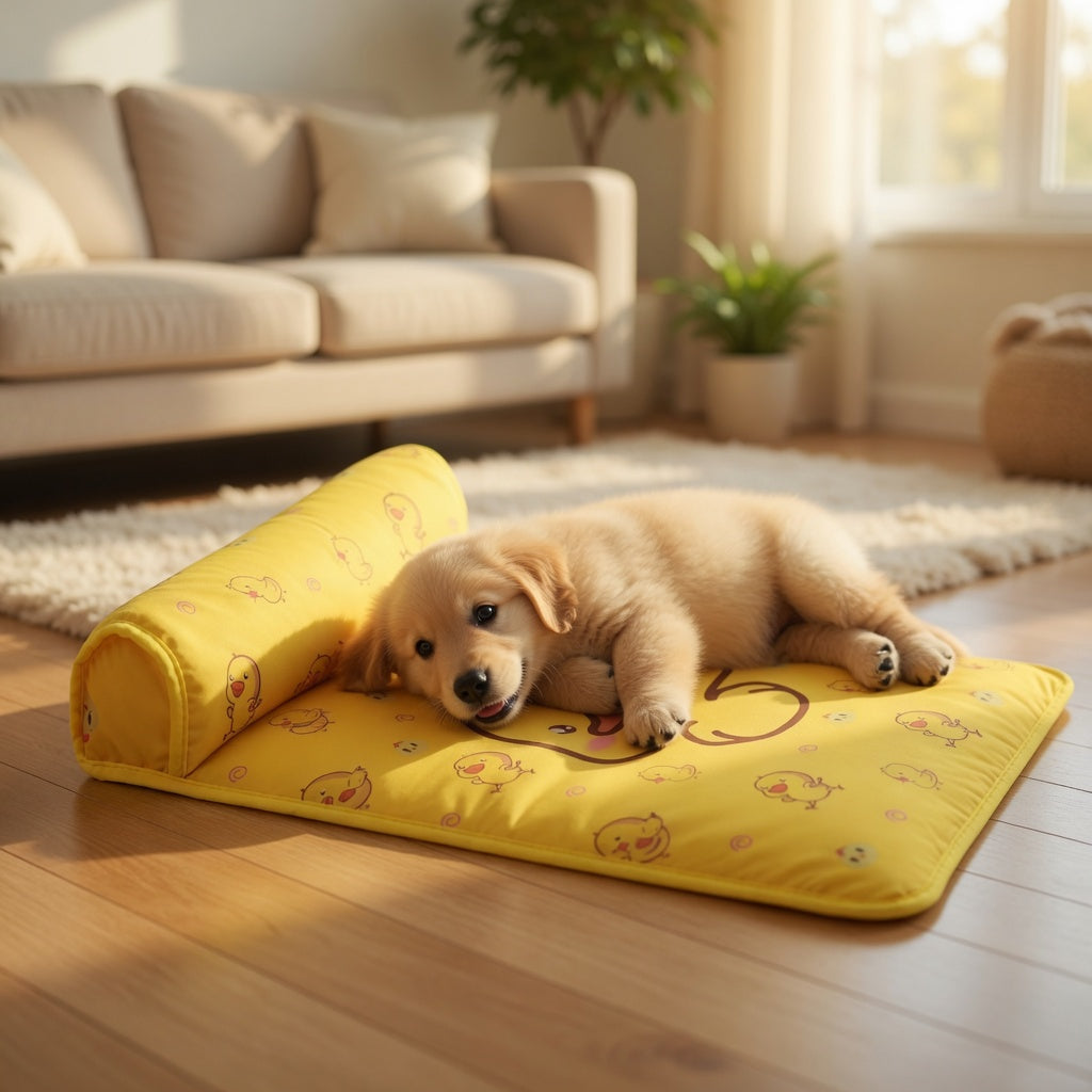 A dog resting in the Cooling dog mat with pillow happy pets, yellow in a lifestyle background