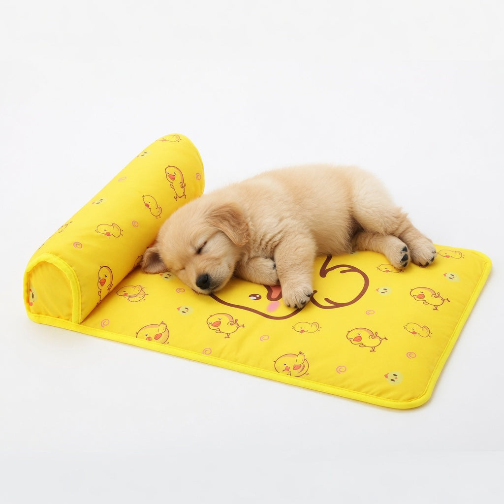 A dog sleeping in the Cooling dog mat with pillow happy pets, yellow in a white background