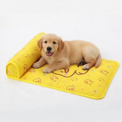 A dog resting in the Cooling dog mat with pillow happy pets, yellow in a white background