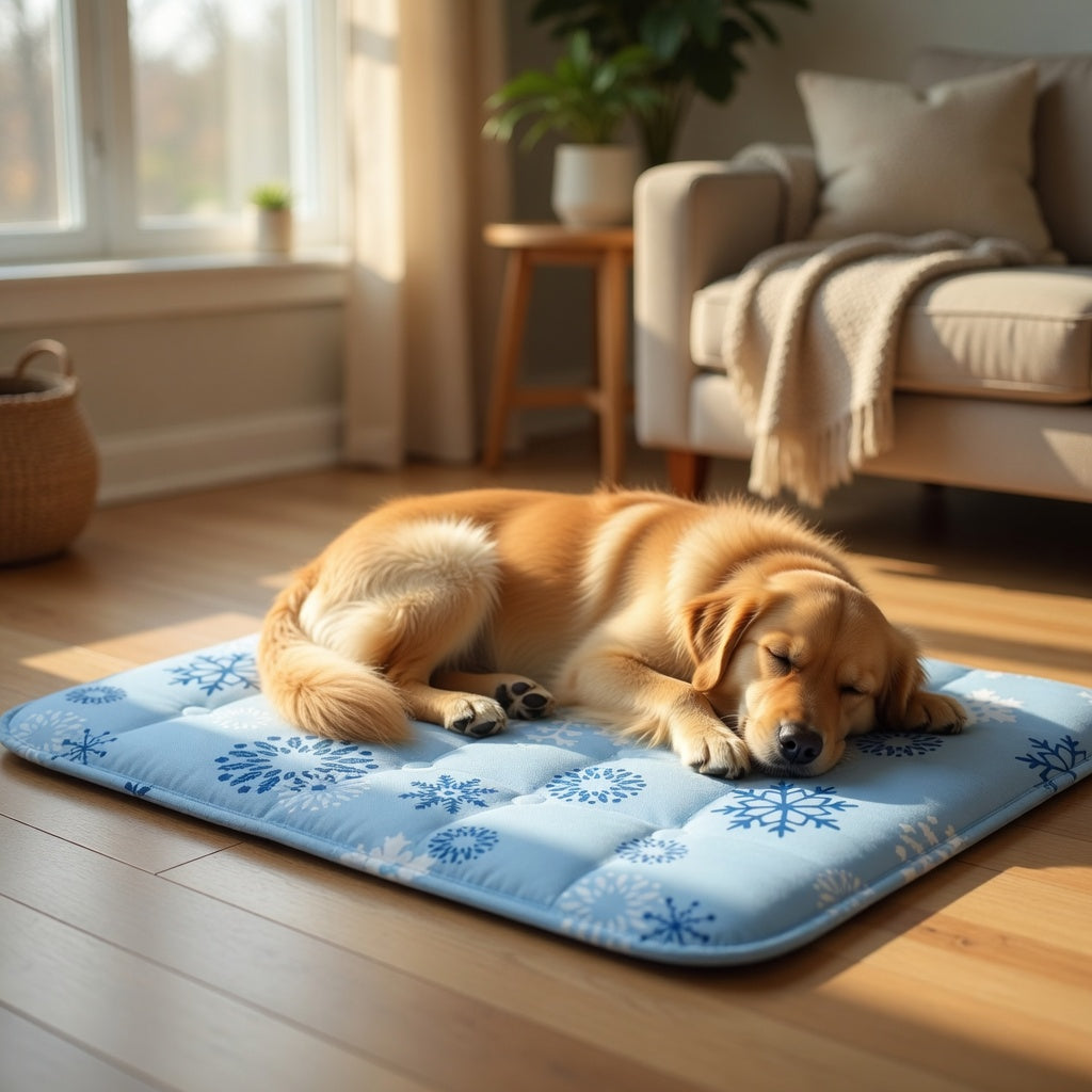 Dog sleeping on a blue Cooling Gel Pet Pad in a cozy living room.