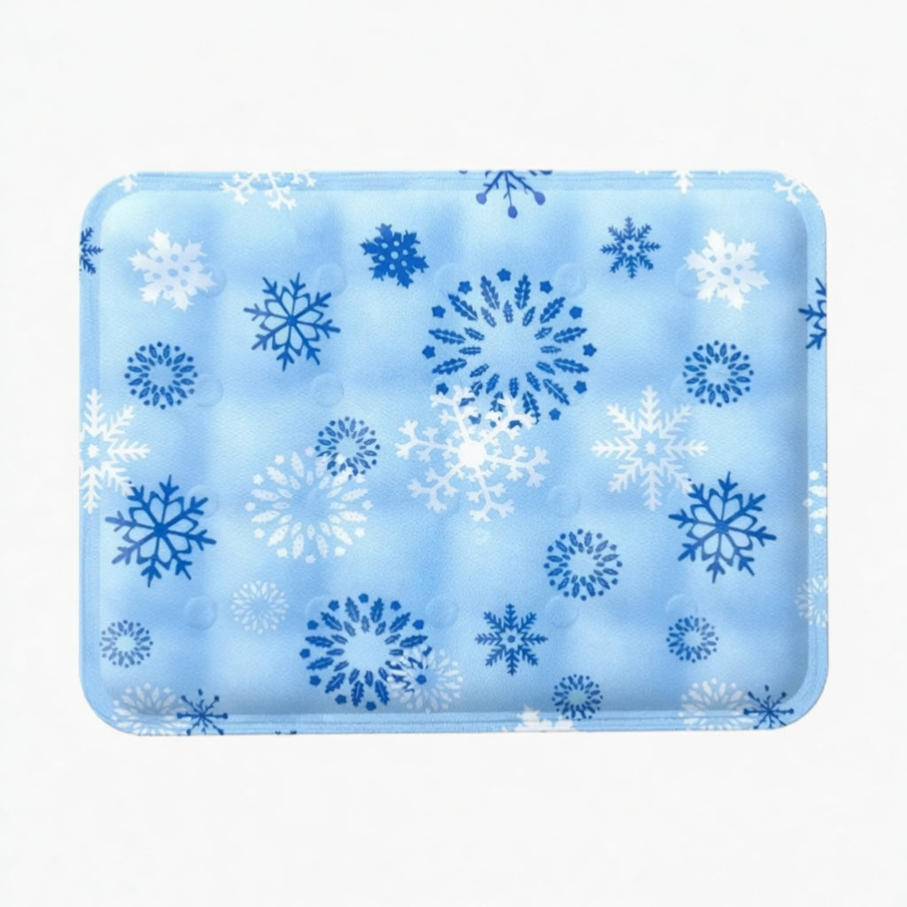 Cooling Gel Pet Pad with snowflake pattern on a blue background