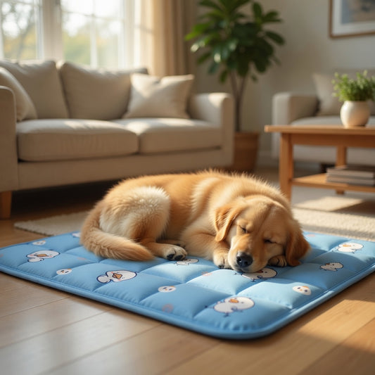 Dog lying on a blue Cooling Gel Pet Pad with cartoon characters in a cozy living room.