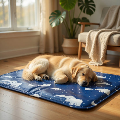 Dog sleeping on a blue Cooling Gel Pet Pad with animal patterns in a cozy living room.