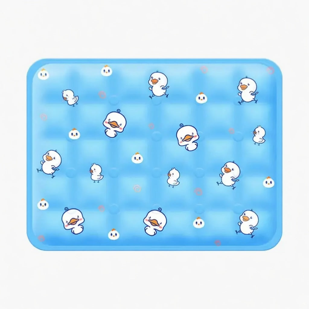 Blue Cooling Gel Pet Pad with cartoon duck pattern on a white background