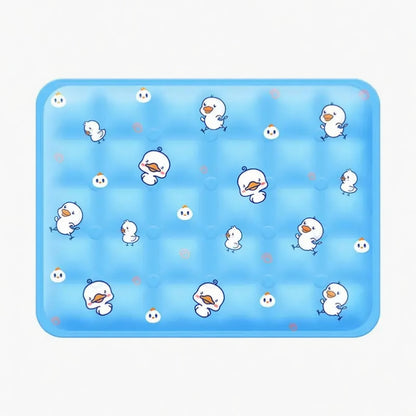 Blue Cooling Gel Pet Pad with cartoon duck pattern on a white background