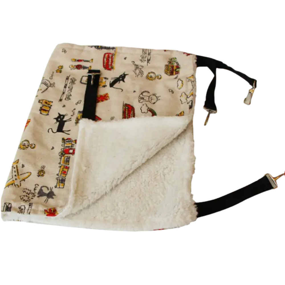 Drawstring bag with cat-themed fabric and sherpa lining on a white background