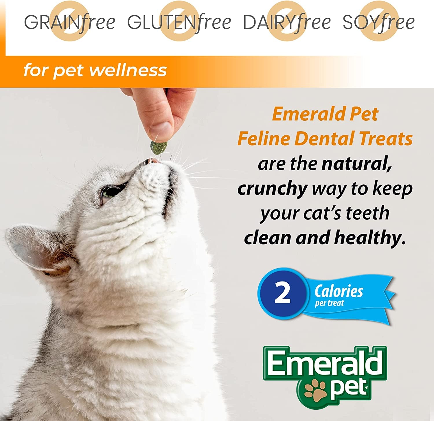 Cat being offered a dental treat with Emerald Pet branding and text about pet wellness.