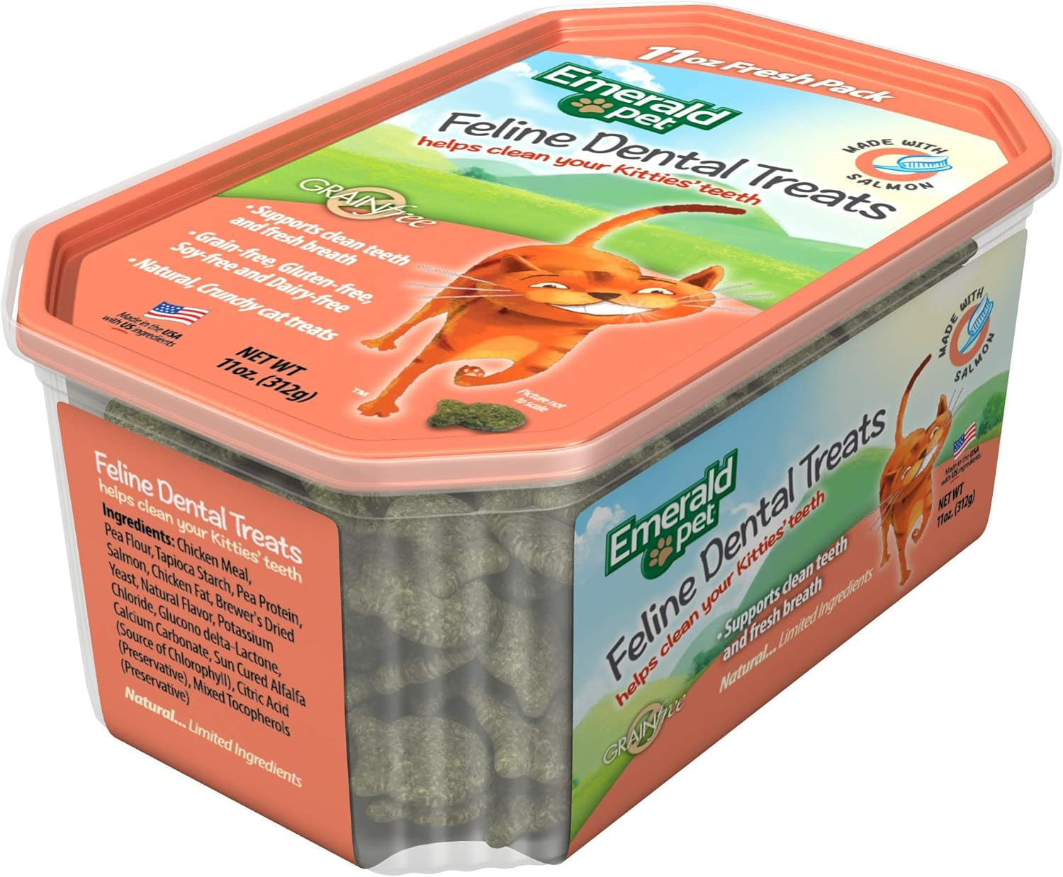 Container of Emerald Pet Feline Dental Treats on a white background