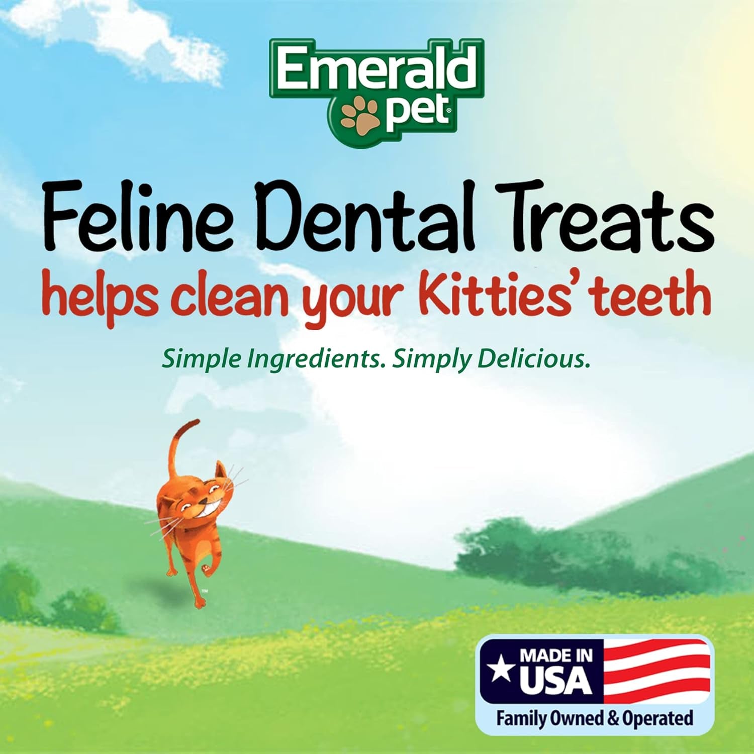 Advertisement for Emerald Pet Feline Dental Treats with a cat running on grass and sky background.