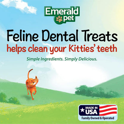 Advertisement for Emerald Pet Feline Dental Treats with a cat running on grass and sky background.