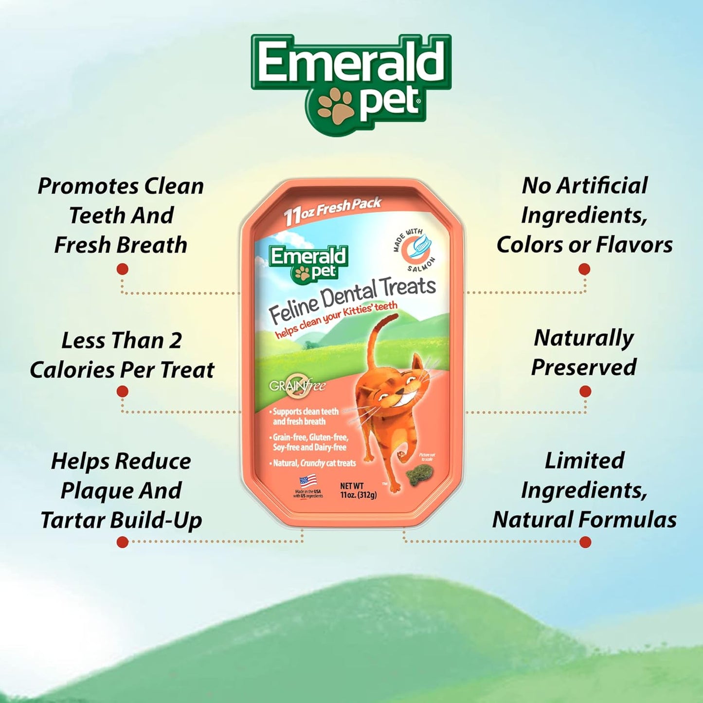 Emerald Pet Feline Dental Treats packaging with product features listed on a green and blue gradient background.