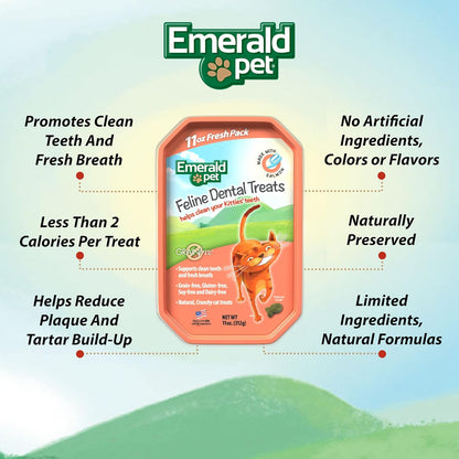 Emerald Pet Feline Dental Treats packaging with product features listed on a green and blue gradient background.