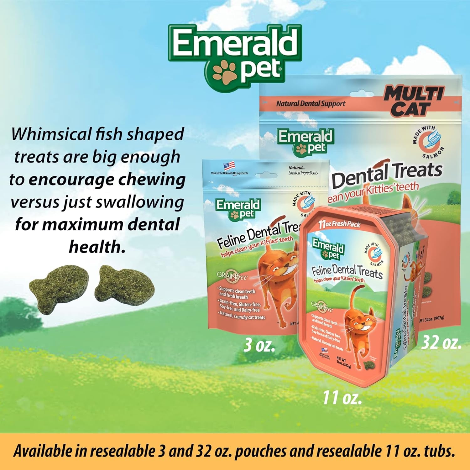 Promotional image of Emerald Pet dental treats packaging with text about product features.