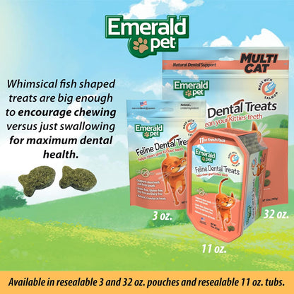 Promotional image of Emerald Pet dental treats packaging with text about product features.