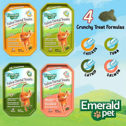 Four packages of Emerald Pet Feline Dental Treats with a cat illustration on a scenic background.