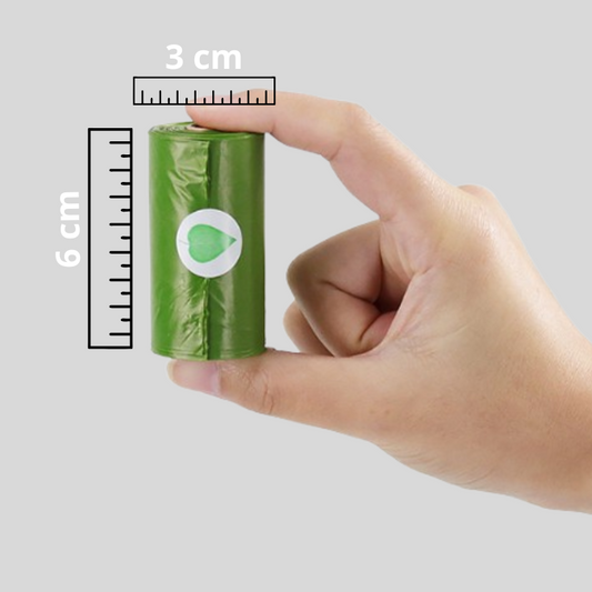 Dimensions of a biodegradable pet garbage bag roll displayed clearly, highlighting its compact size and portability