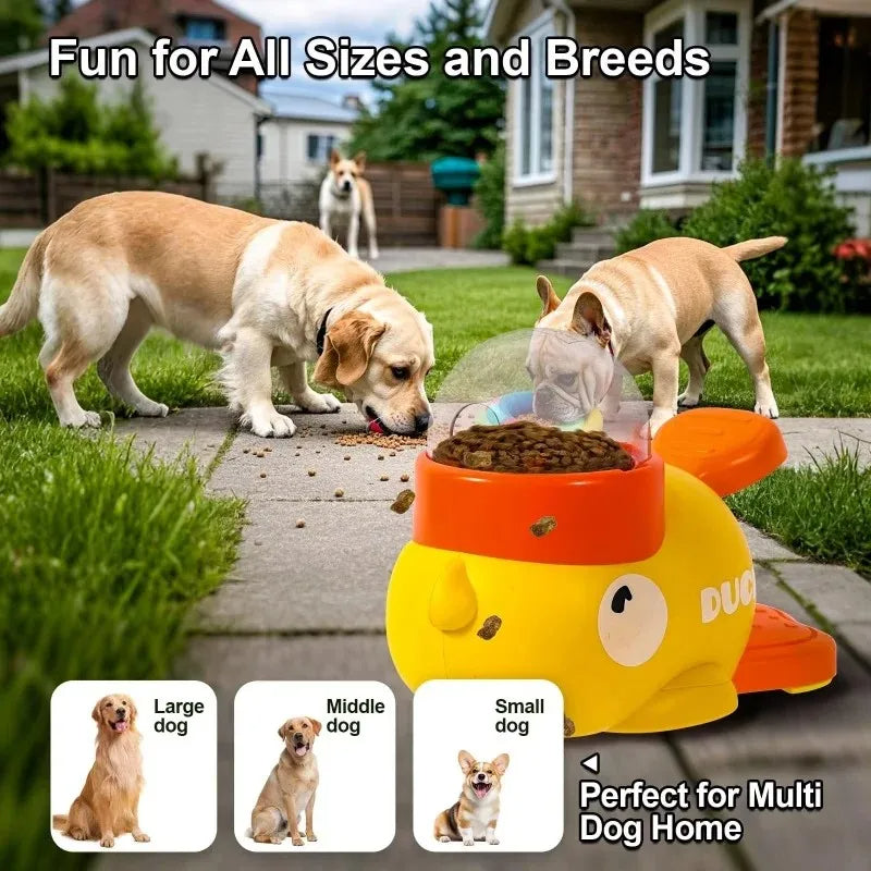 Dog toy shaped like a submarine with text 'Fun for All Sizes and Breeds' and 'Perfect for Multi Dog Home'.