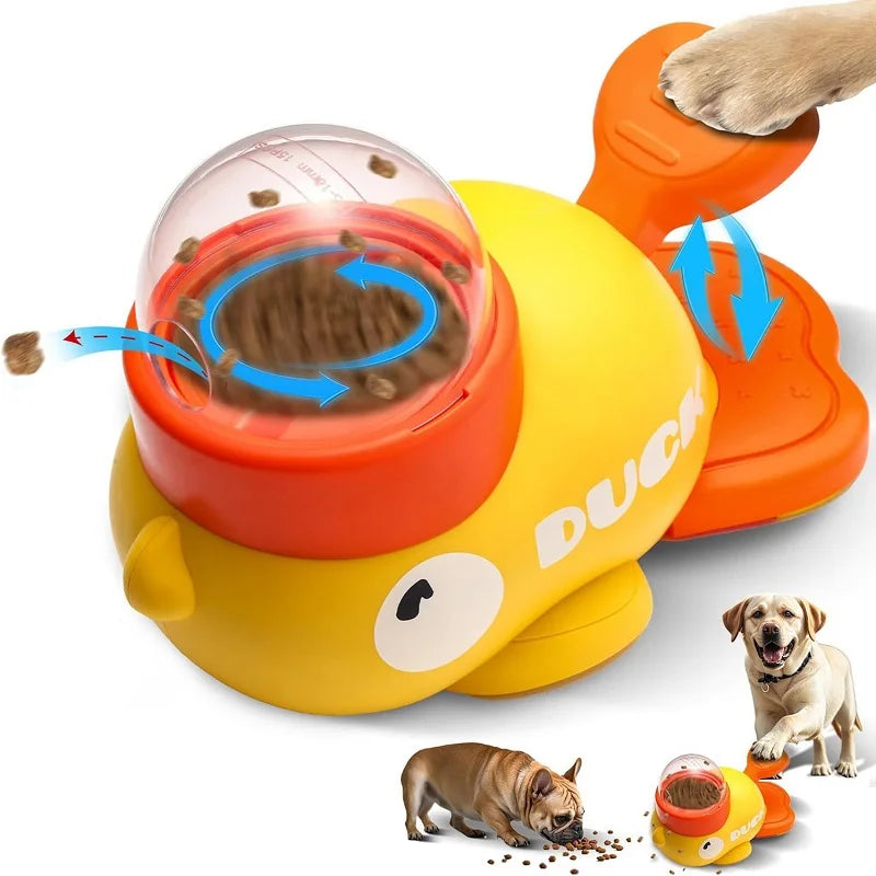 Dog toy with a transparent ball and orange base, featuring the brand 'DUCK'.